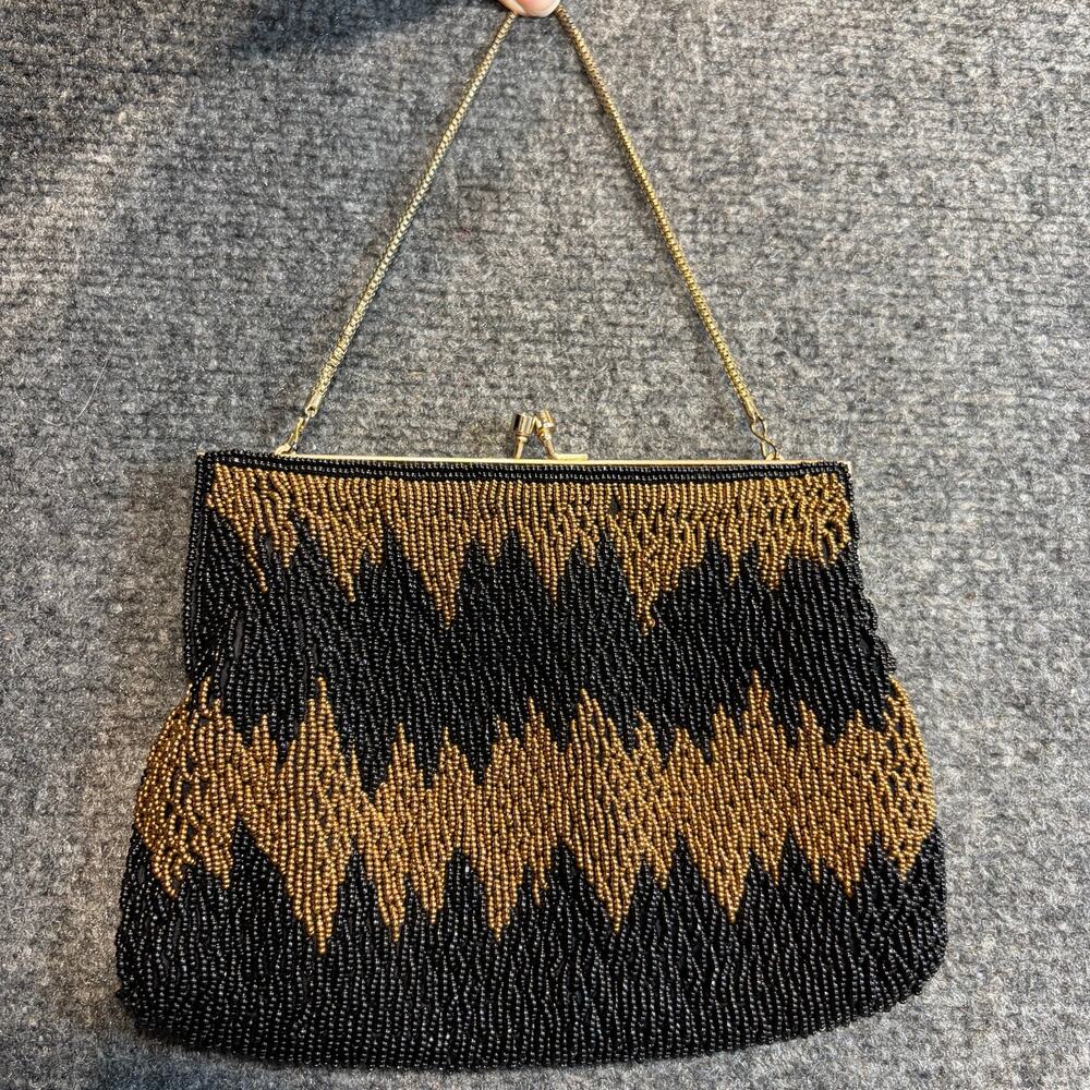 Vintage Black Gold Beaded Handbag Zigzag Geometric Evening Clutch Chain